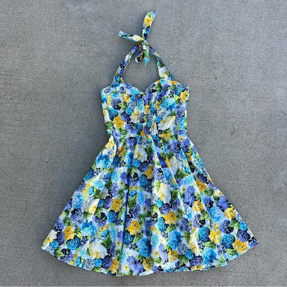 Ensnovo 50s Pinup Style Pansy Floral Garden Party Halter Tie Dress MEDIUM - Picture 5 of 7